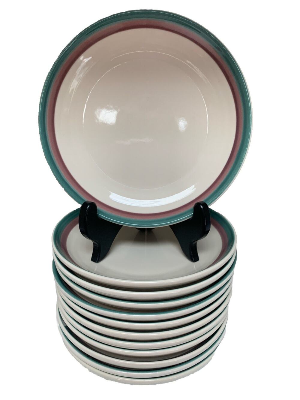 Pfaltzgraff JUNIPER Salad Dessert Plates Mauve Teal Bands USA Vintage